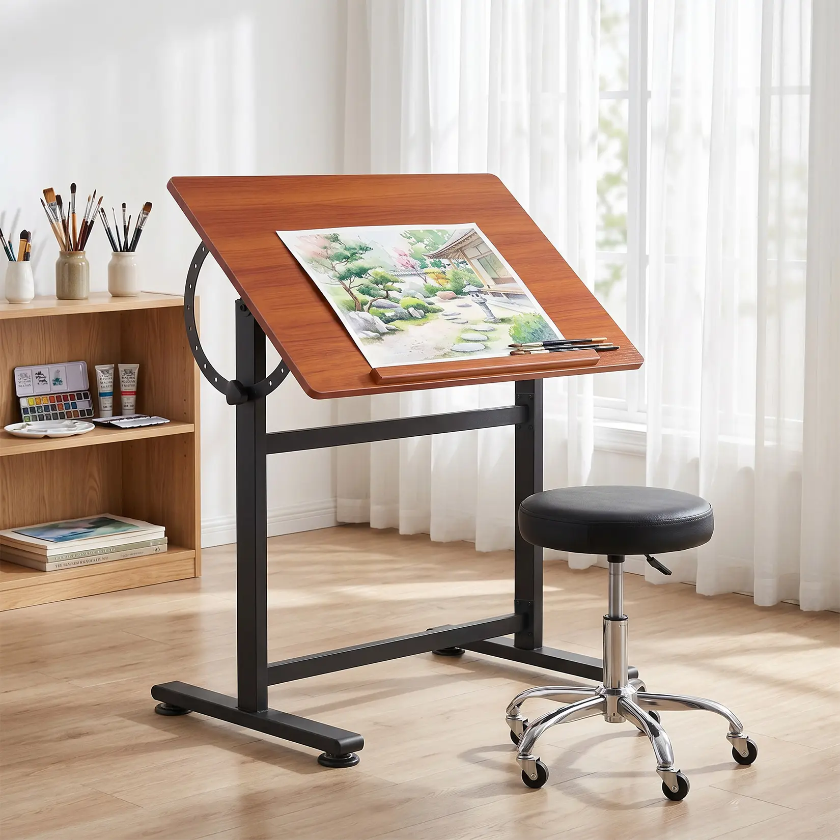 Folding TV Tray Table for Eating on Couch, 0°-90° Tilting Drawing Table, Steel-Wood Art Drafting Table with Anti-Slip Lip, for Artists, Architects, Students, 35.4" x 23.6", Walnut Finish