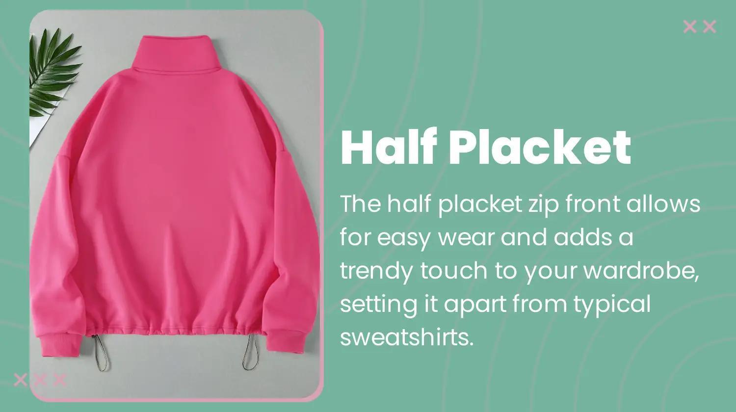 Plus Size Plain Half Placket Zip Front Drop Shoulder Sweatshirt, Plus Casual Long Sleeve Drawstring Collared Pullover for Spring & Fall, Women's Plus Clothing for Daily Wear