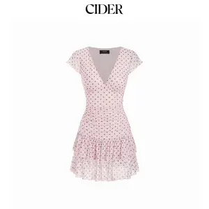 Cider Mesh Polka Dot V-neck Ruched Tiered Short Sleeve Mini Dress