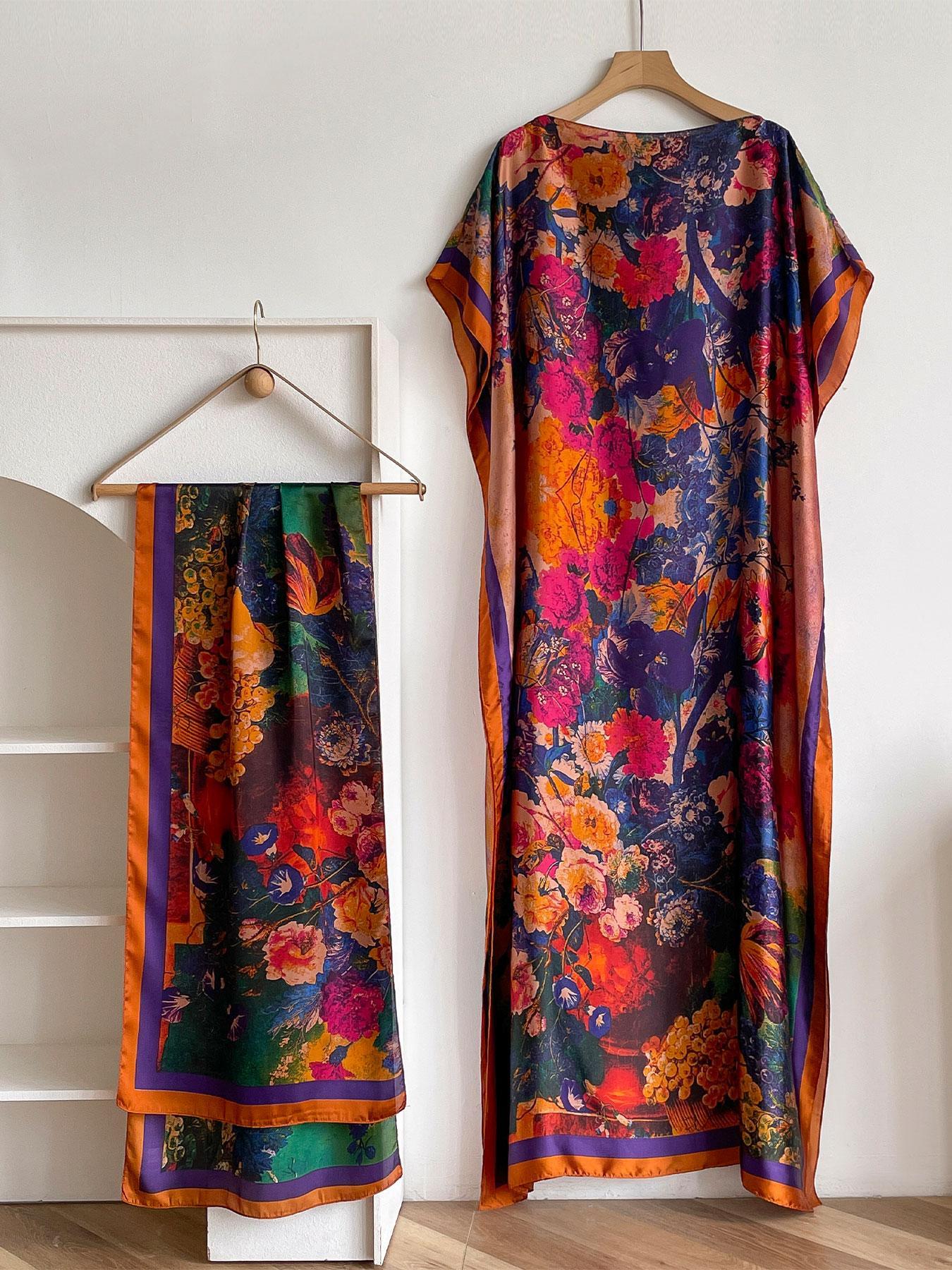 Women's Floral Print Long Scarf & Khimar, Boho Style Scarf & Shawl for Daily Wear, Fashion Accessories for Women & Girls