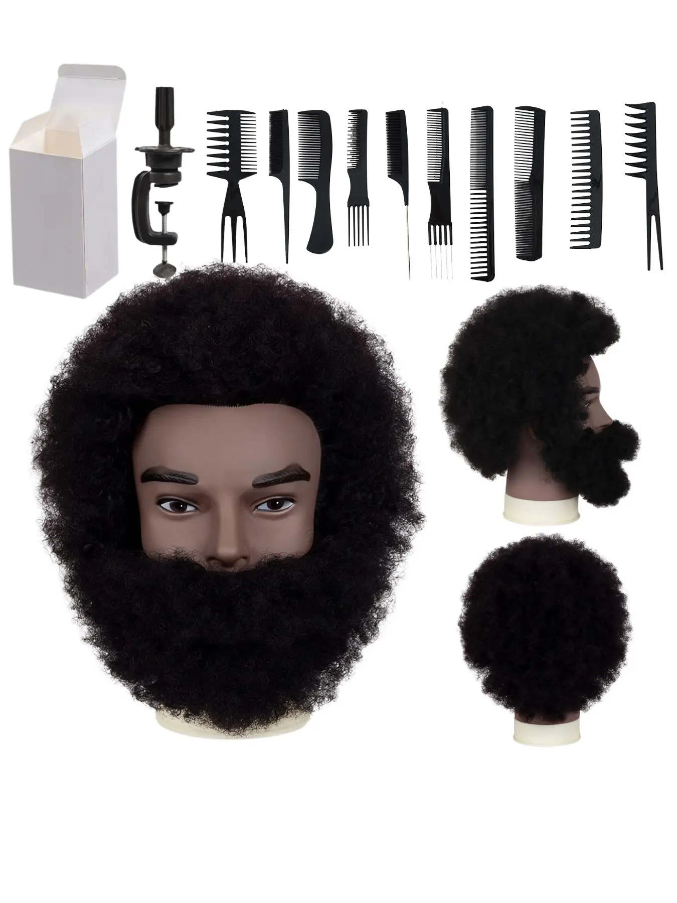 Natural Black 6 Inch Kinky Curly Afro Male Manikin Head With Full Beard 100% Human Hair Barber Training Mannequin Head For Textured Hairstyle Practice Braiding Shaping Equipped With Table Clamp Multi Function Combs And Gift Box