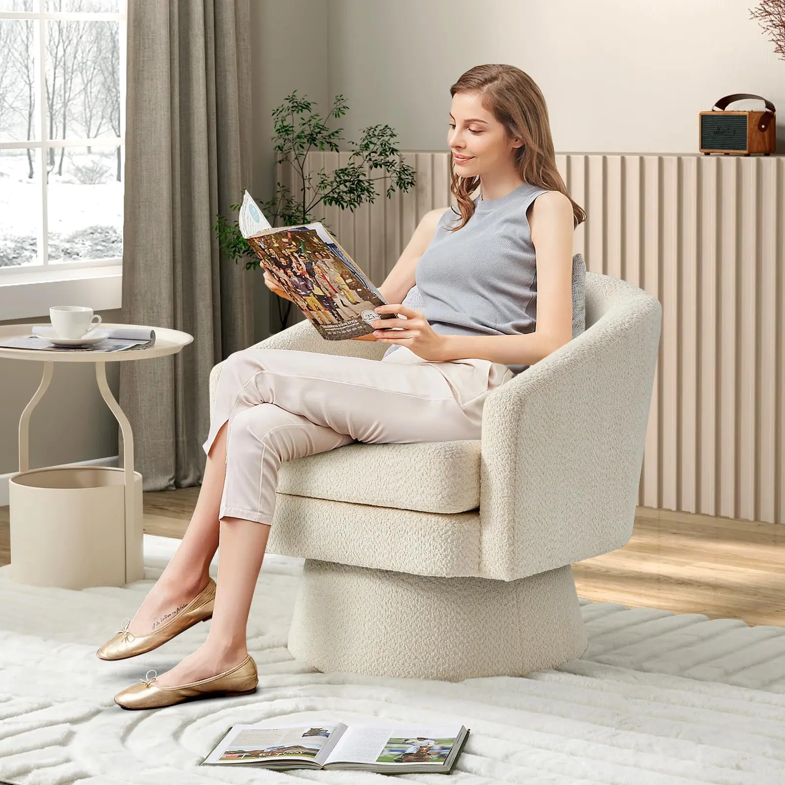 360° Swivel Minimalist Bedroom Circle Chair, Modern Chenille Comfy Fabric Indoor Armchair with Armrests, Guest Seating for Living Room Office, Comfy Fabric Chairs
