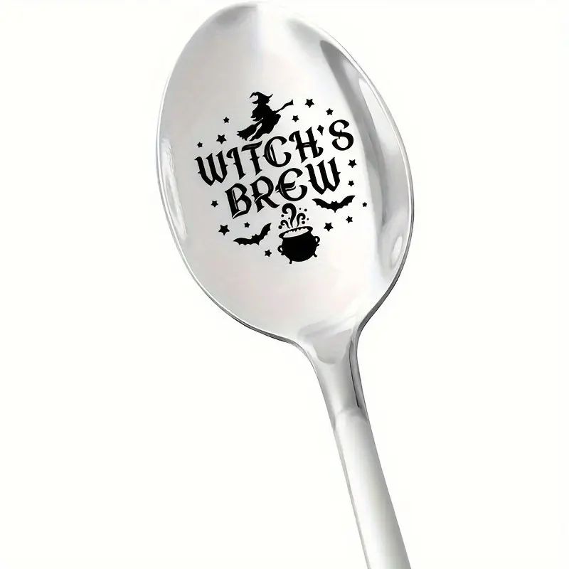 Witch's Brew Stainless Steel Engraved Spoon, Cutlery - Unique Gift for Hot Chocolate & Coffee Lovers, Perfect for Halloween, Christmas, Birthdays, Fun and Festive Design with Witch Hat, Broomstick & Stars, Witchy Home Decor