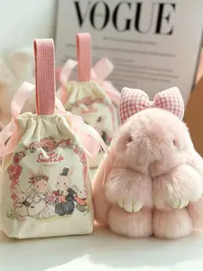 Cute Plush Bunny Keychain with Ribbon, Soft Fuzzy Rabbit Key Holder, Car Key Chain, Bag Charm, Includes Canvas Gift Bag