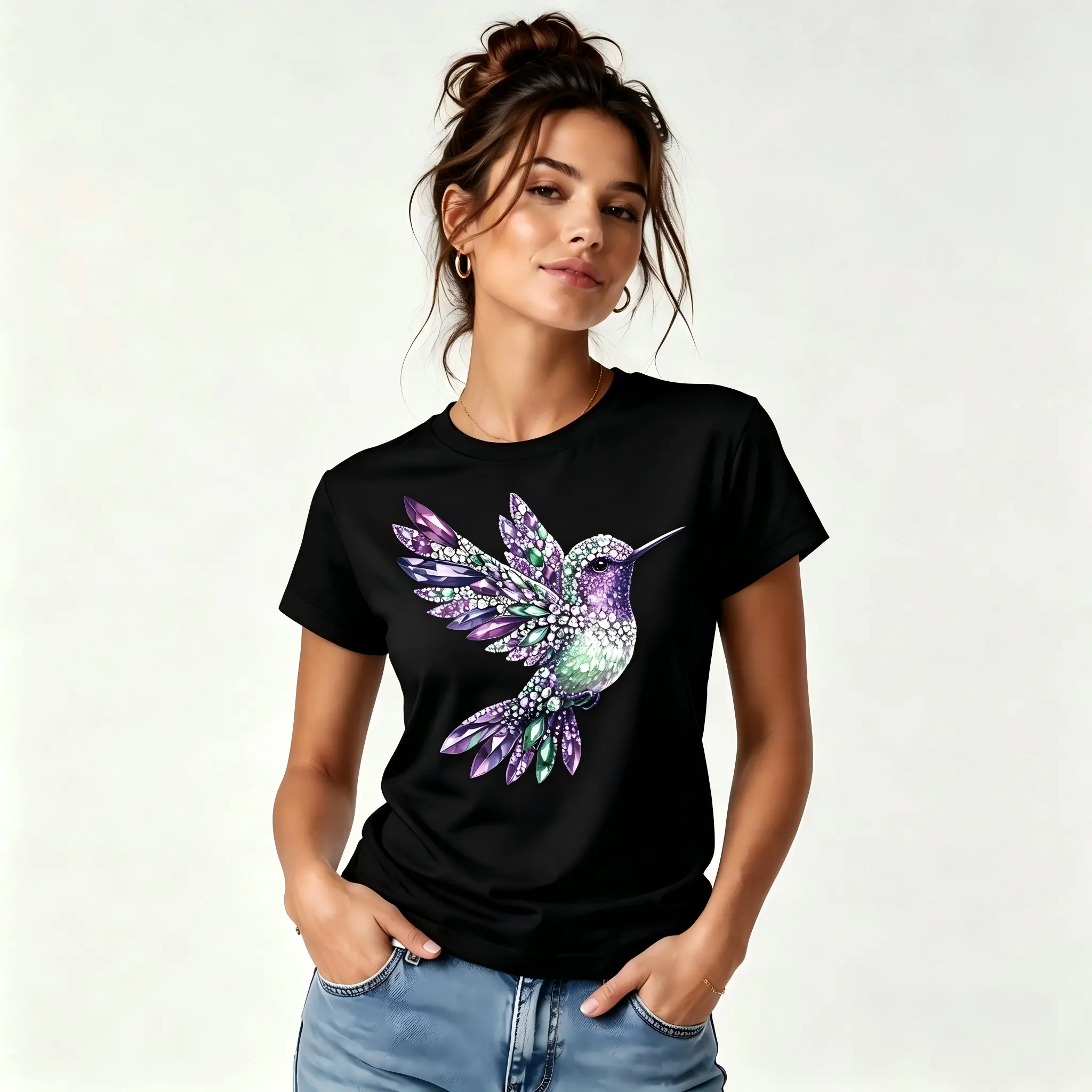 Purple Gem Rhinestone Hummingbird Graphic Daily Casual Women Street Outfit For Crystal Bird Art Fans Sparkly Hummingbird Tee Floral Nature Top hummingbird gem shirt crystal bird tee sparkly wildlife apparel