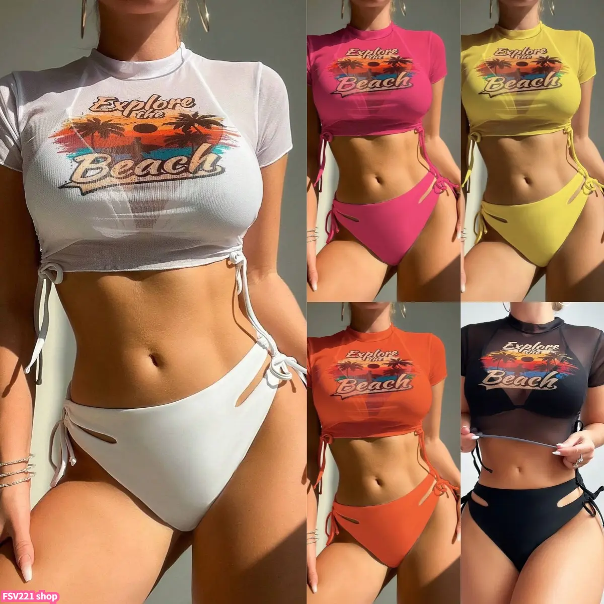 Women's Solid 3-Piece Bikini Set, Chic Halter Lace-Up Tie Back Micro Swimsuit with Long Sleeve Crop Top Cover-Up, Fashion Beachwear, Bikinis Sets, Chic Swimsuit Set