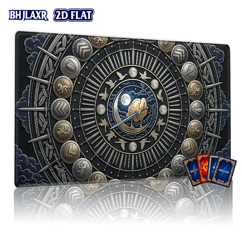 1Pc 2D Flat 14x24inch TCG Battle Mat Black Gold Goose Knight Pattern Play Mat, HD Digital Printing, Non-Slip Rubber Base, Stitched Edges, Compatible with TCG/CCG Card Games, Vintage Fantasy Gaming Desk Mat For Card Battle Table Desktop Decor
