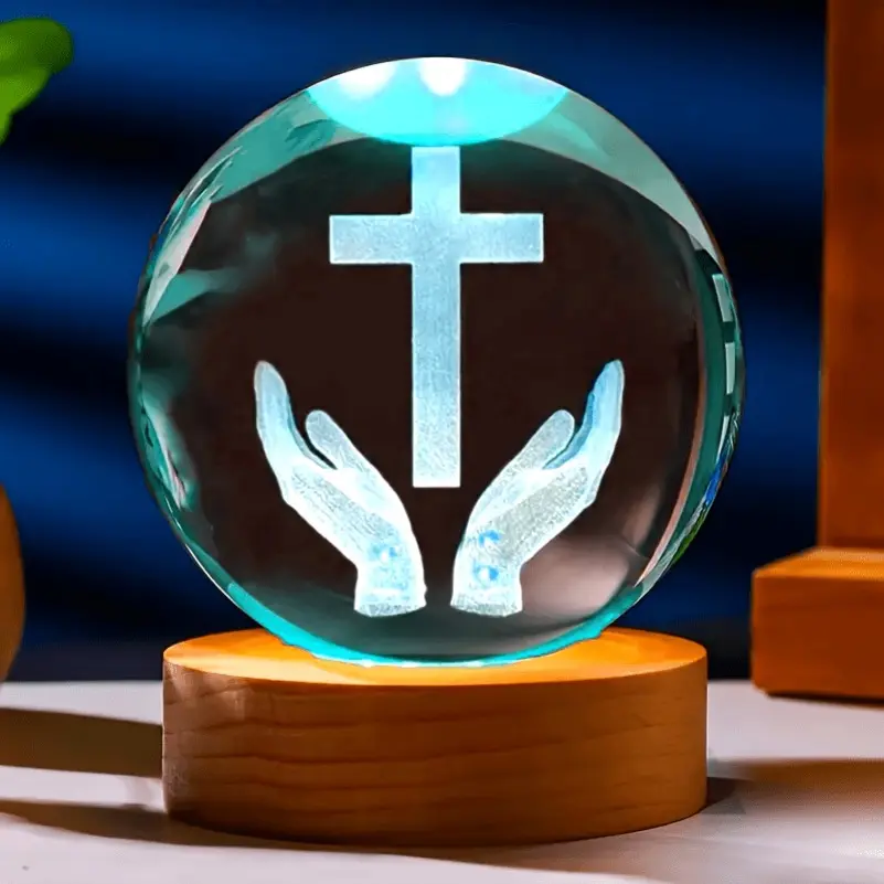 1pc 3D Laser Engraved Cross Crystal Ball LED Night Light with Wooden Base, Glass Fantasy Theme, Polished USB Powered Freestanding Night Lamp, Bedroom Tabletop Decor, Perfect Religious Gift for Women and Mothers - No Battery Adjustable Lighting