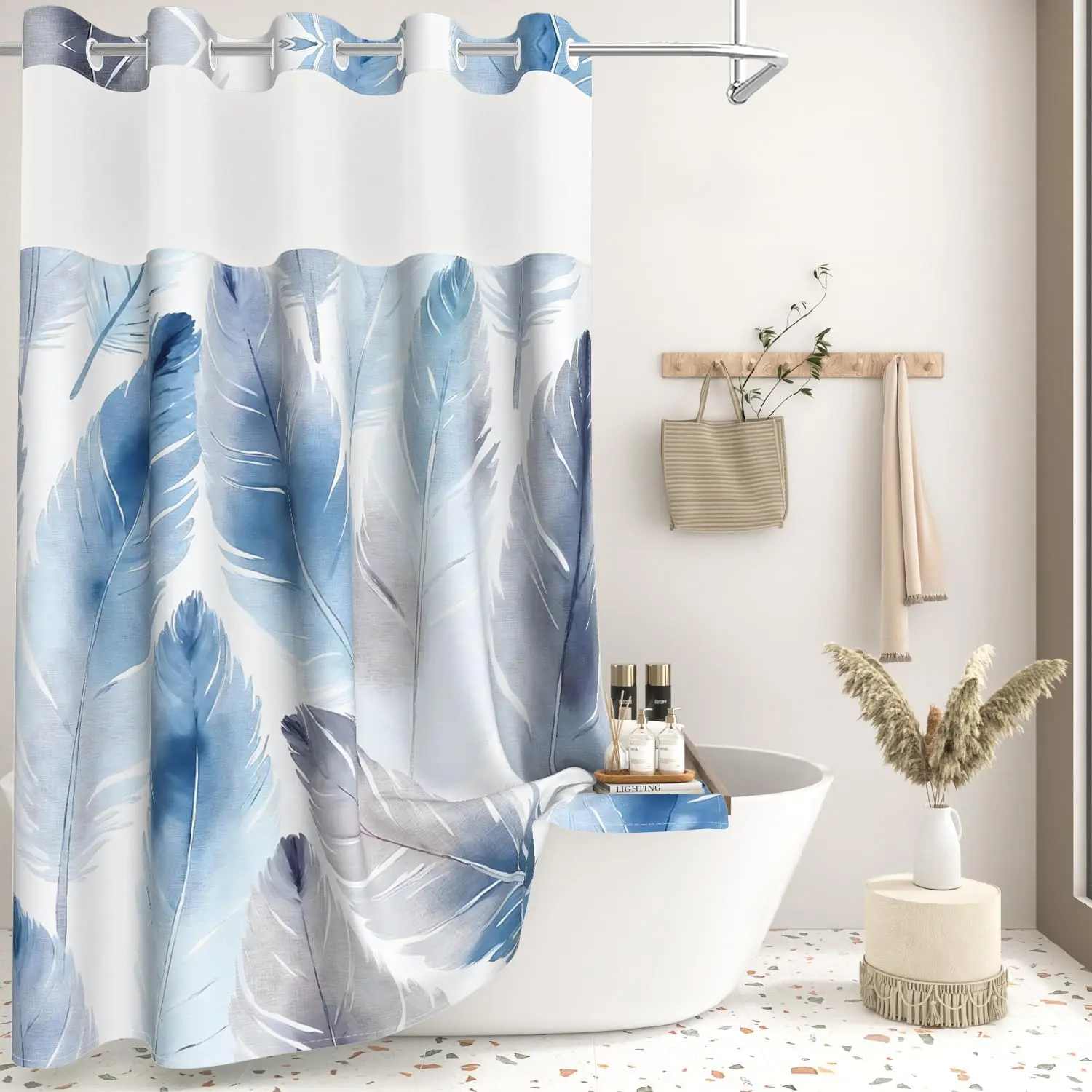 Watercolor Blue Feather Shower Curtain with Snap in Fabric Liner, Waterproof No Hook Shower Curtain with Mesh Top Window, Boho Modern Minimalist Abstract Aesthetic Bathroom Curtains, 71x74 Inch