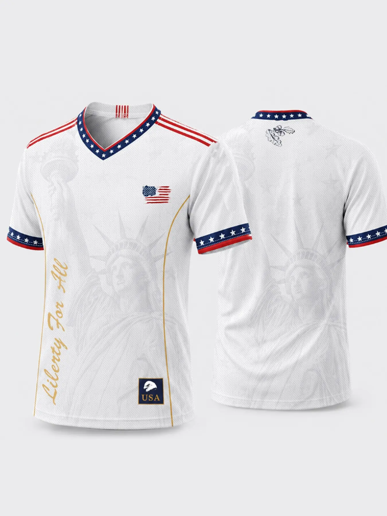 1 Pc Men’s Patriotic Soccer Jersey, Statue Of Liberty USA Flag Print, Breathable Mesh V Neck Tee For 4th Of July Sports Daily Wear