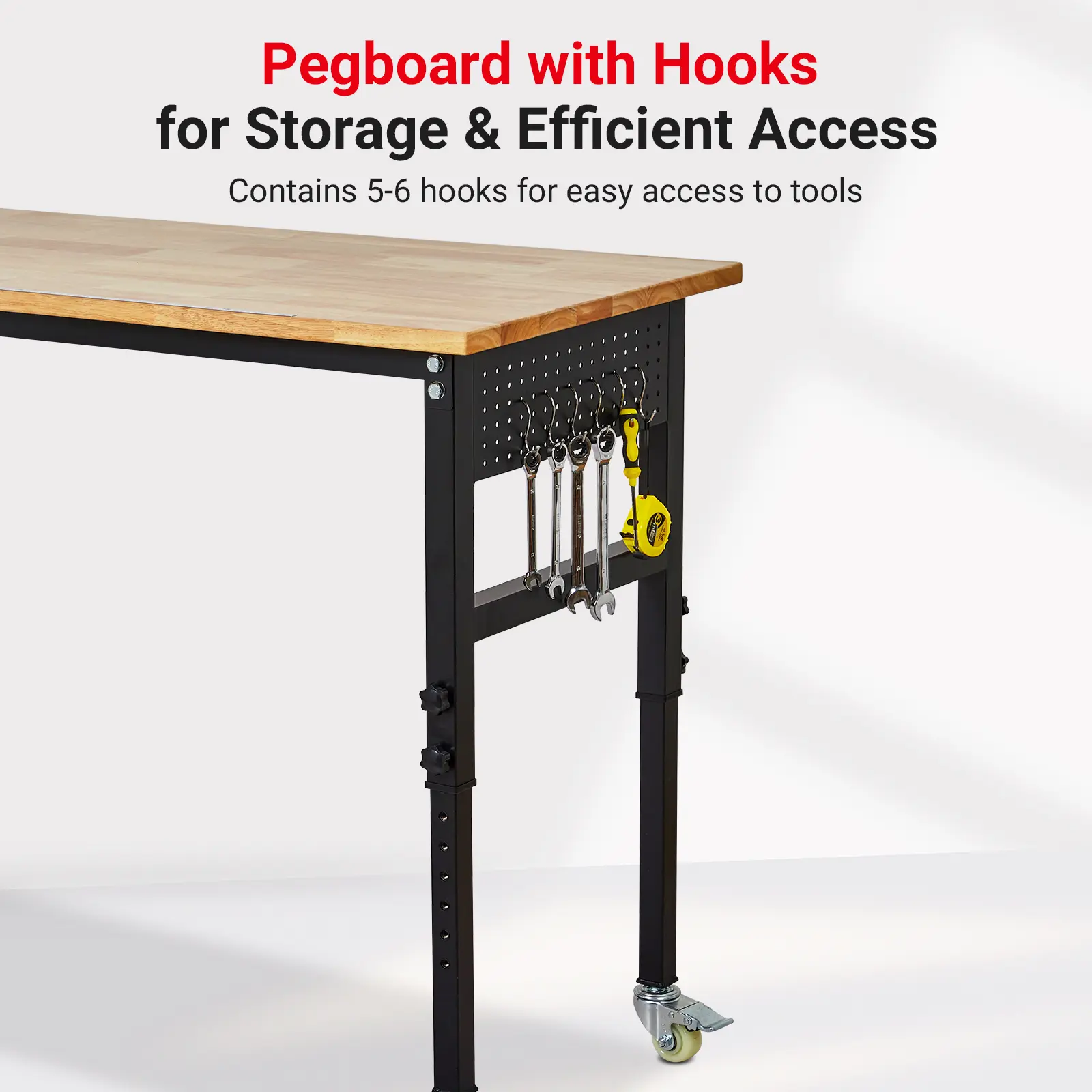 Heavy-Duty Adjustable Workbench, Rubberwood Top, 8 Height Levels 29.5"-39.4", 2000-2200lbs, ETL Power Outlet, Pegboard & Locking Wheels, Garage Workshop Station