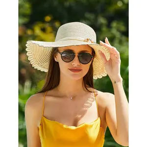 Scalloped Wide Brim Straw Sun Hats Boho Beaded Beach Hat