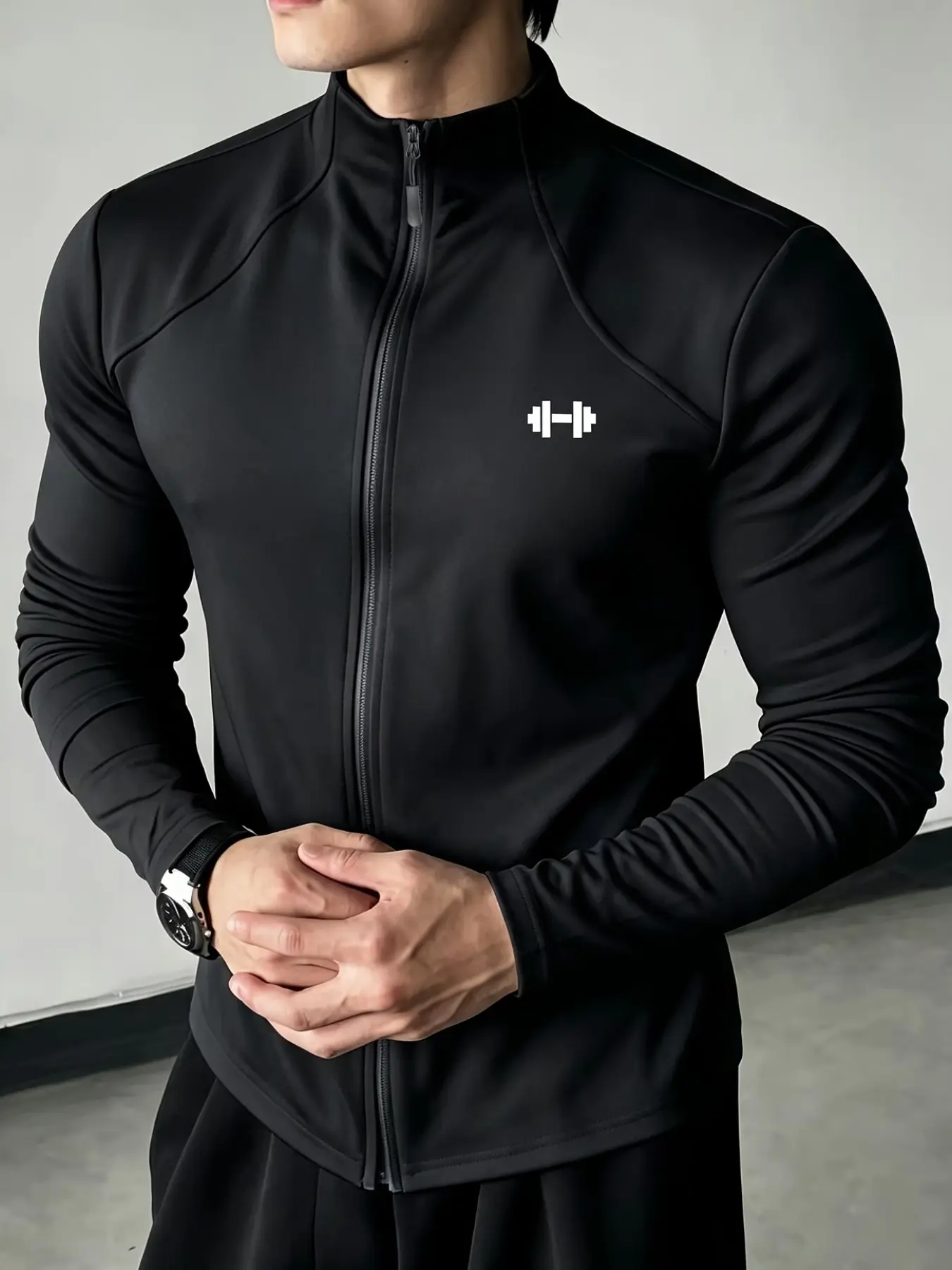 Men's Slim Fit Stand Collar Full Zipper Workout Jacket, Stretch Shaping Fabric, Simple Dumbbell Print, Sporty Style, Daily Wear, Gym Training, Outdoor Running