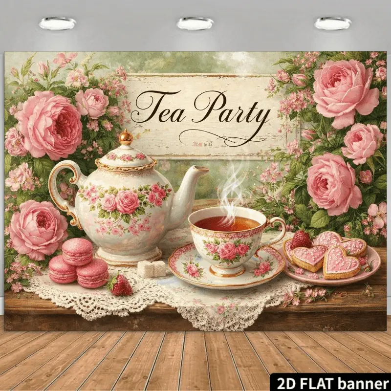 British Afternoon Tea Party Backdrop Tapestry - Elegant Rose Tea Set Dessert Theme Decor, Lightweight Wall Banner for Weddings, Room Events