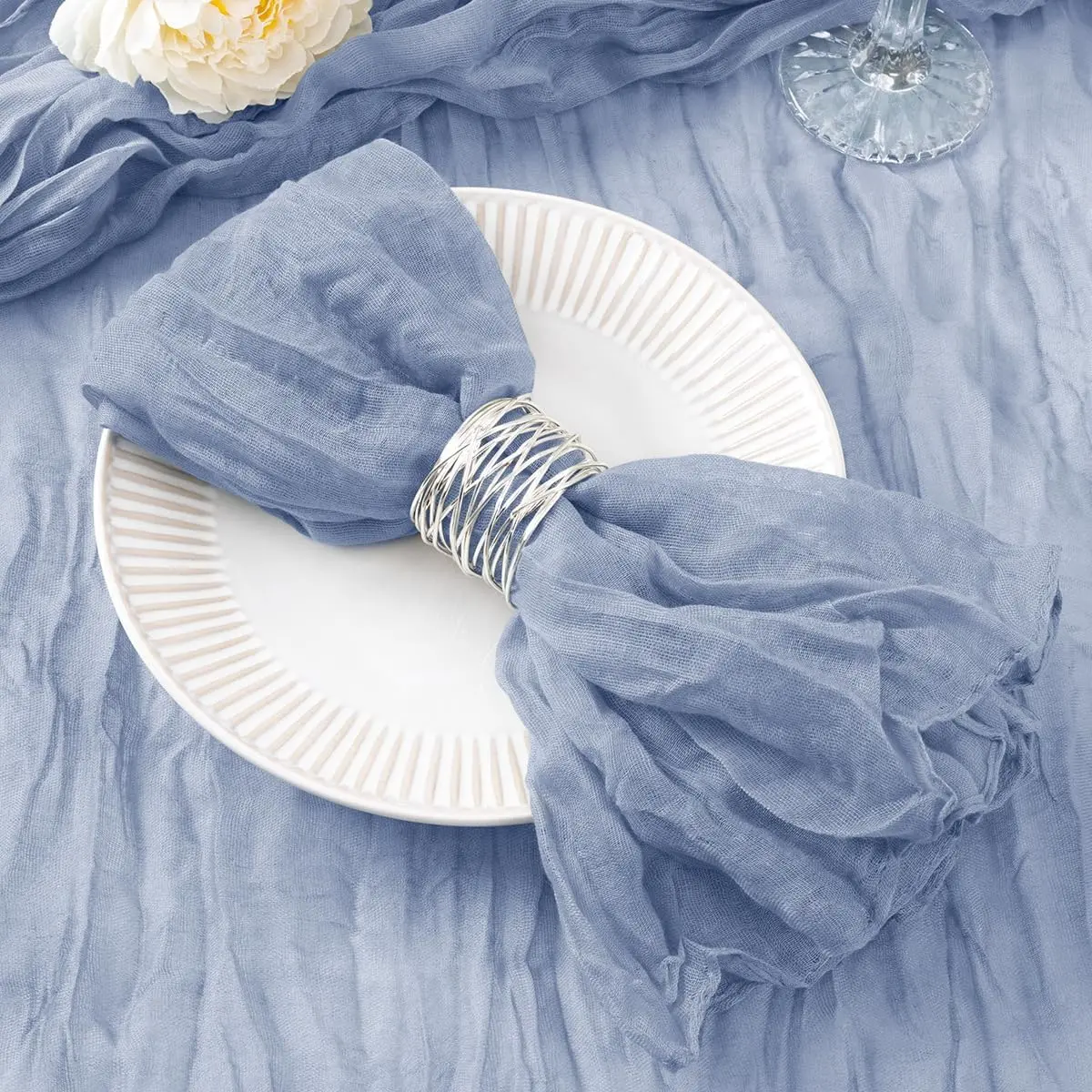 50 Pack Dusty Blue Cheesecloth Napkins, 21x21 Inch Washable Wrinkled Cotton Gauze, Rustic Boho Dinner Napkins for Wedding & Birthday Party Table Decor, Set, Baby Shower, Tableware, Easter