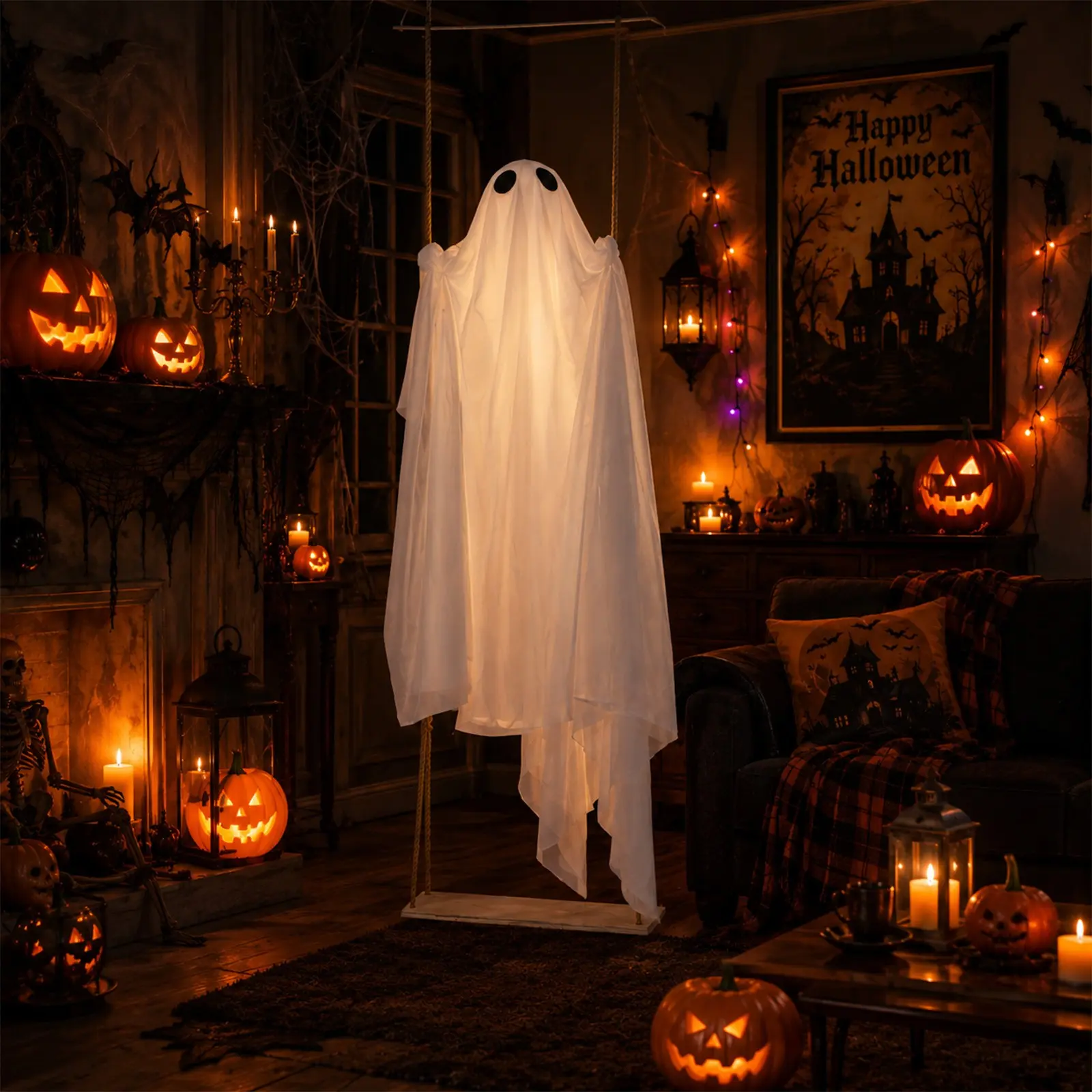 Hanging Light-Up Swinging Ghost for Outdoor Halloween Decor (Includes remote control; swing is not for sitting). Perfect for adding a festive touch to trees, porches, courtyards, gardens, lawns, and for creating a spooky atmosphere at Halloween parties