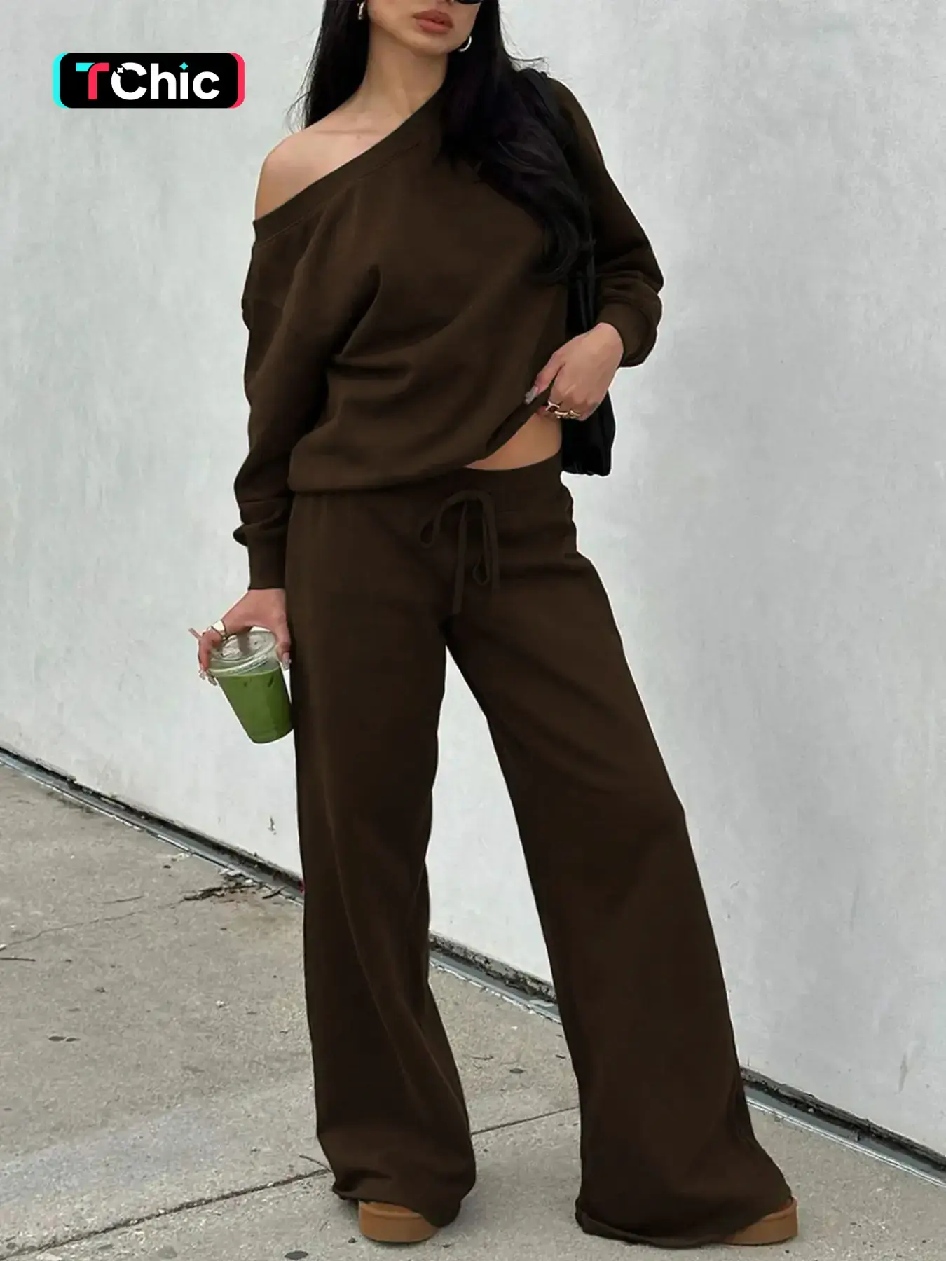 Casual Two-Piece Set, Long Sleeve Asymmetrical Top + High-Waist Drawstring Wide-Leg Pants, Slimming Loose Fit for Women