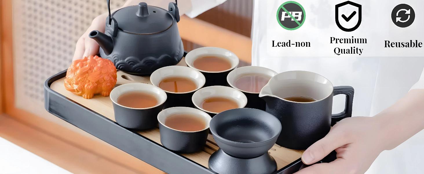 Japanese Tea Set, Chinese Tea Set, Tea Sets for Adults, Tea Pet, Gongfu Tea Set, Portable Tea Set, 14-Piece Porcelain Tea Set Withgrey Leather Case, Asian Tea Set for Home, Outdoor, Business