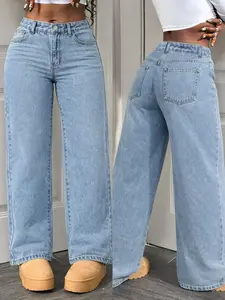 Mid Waist Light Blue Loose Fit Jeans, Casual Long Pants for All Seasons, Zipper Fly, Solid Pattern, Daily Wear Basics