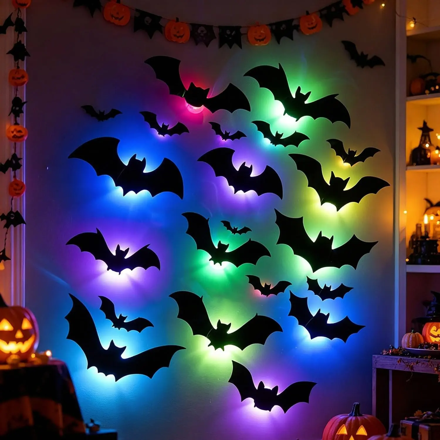 48pcs Halloween Decorative Lights, 3D Glowing Bat Wall Stickers, Colorful Window Decals, Perfect for Festivals, Home Parties, Wall Decoration