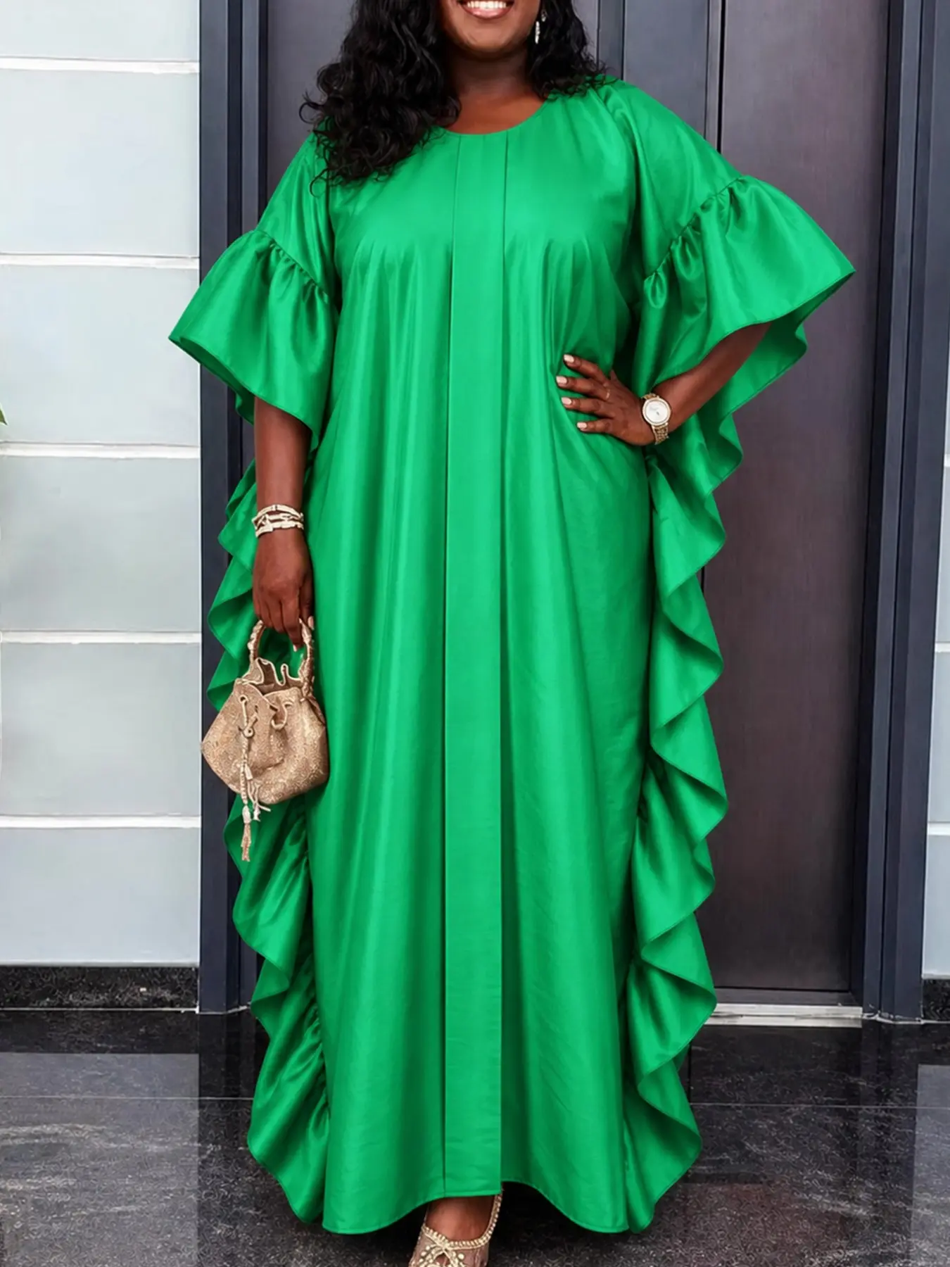 AOMEI DRESS Women Traditional Bubu Kaftan Long Dress Round Neck Batwing Sleeve Side Tiered Ruffle Loose Straight Fit Wedding Guest Church Spring Summer Gowns
