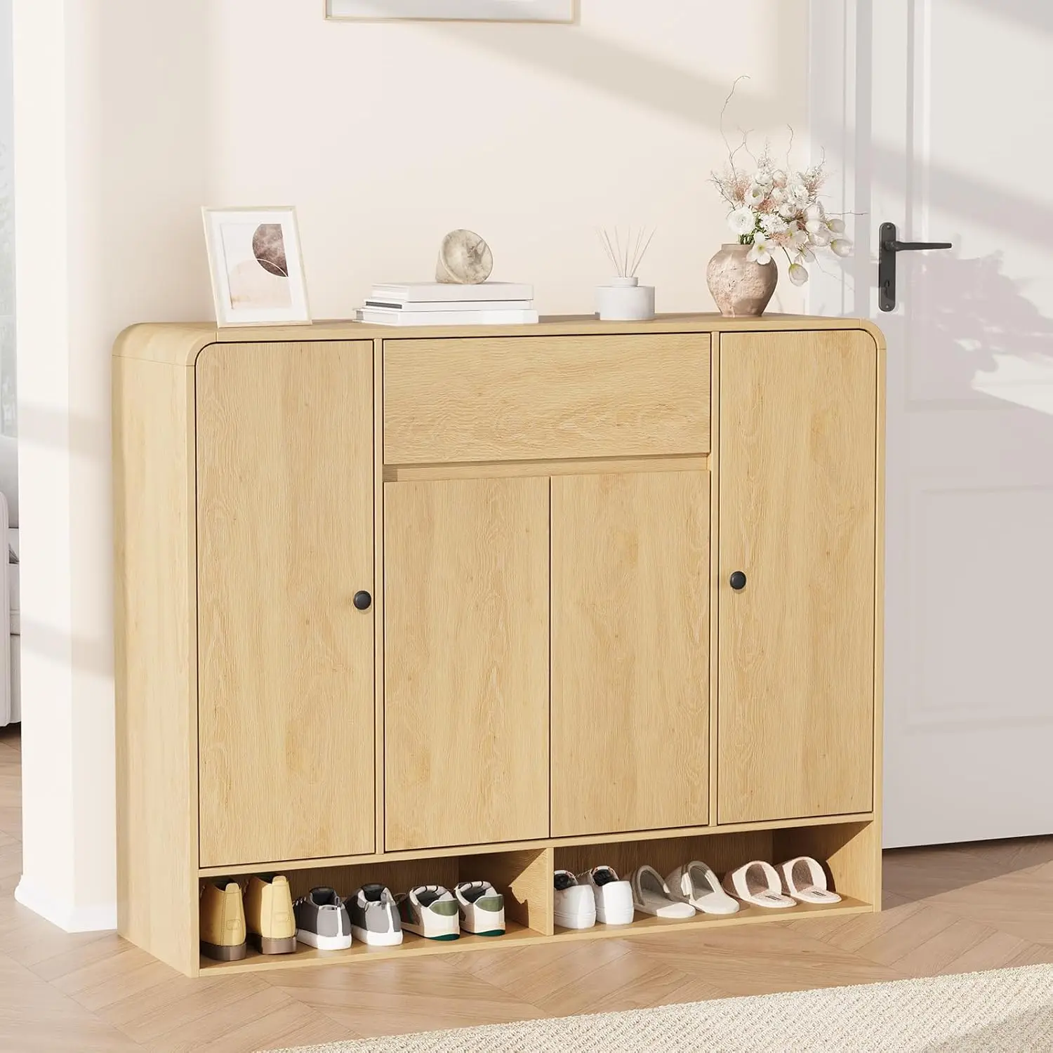 Shoe Cabinet with 4 Doors and 1 Drawer, Freestanding Wood Shoe Storage Organizer with Open Bottom Shelf, Modern Entryway Shoe Cabinet for Hallway, Foyer, Black/Natural Oak
