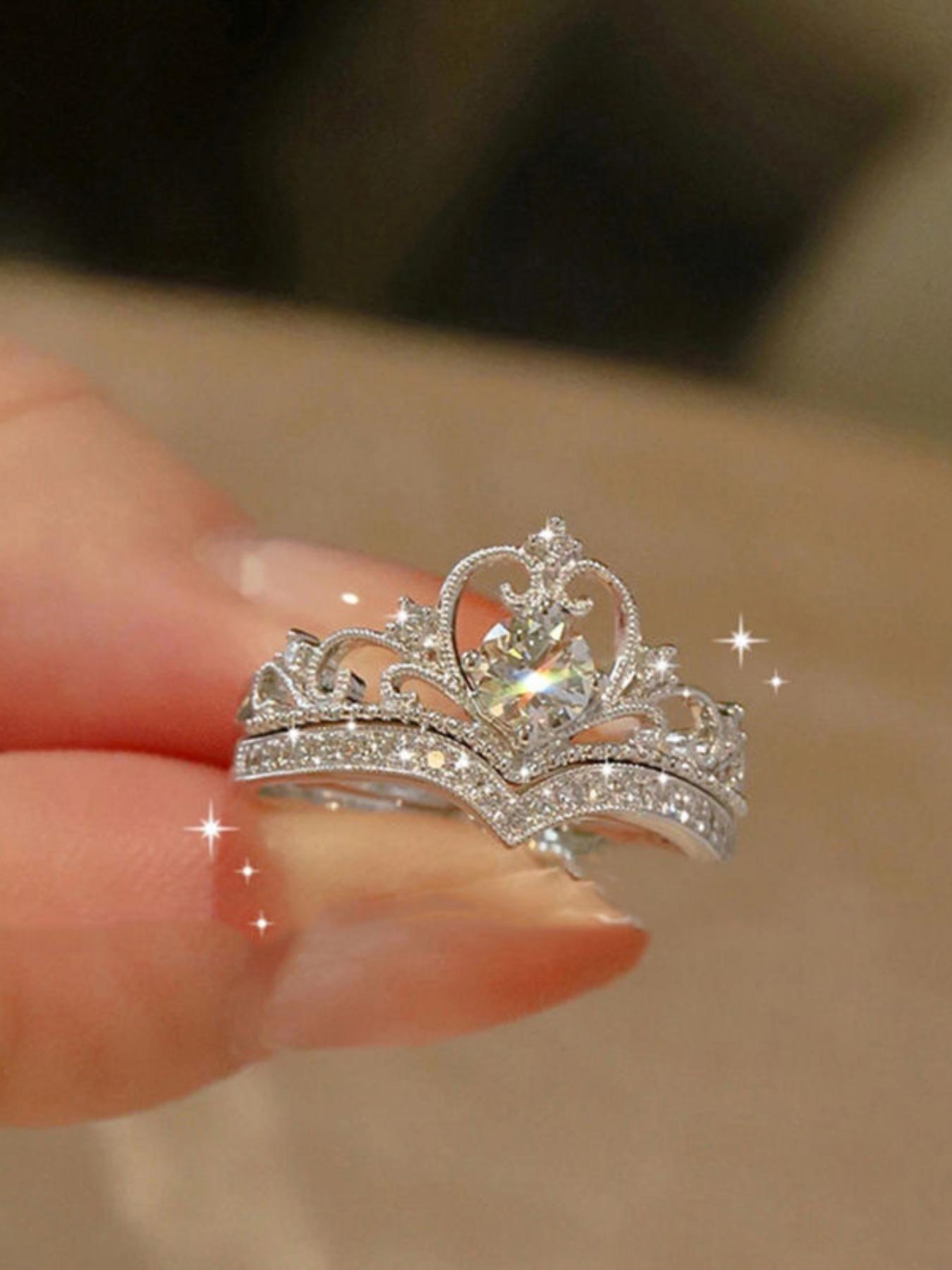 Proposal 2pcs/set Minimalist Elegant Plain Rhinestone Decor Crown Design Engagement Rings, Wedding Rings, Fashion Wishbone Ring Matching Rings Accessories for Women & Girls, Valentine's Day, Gift