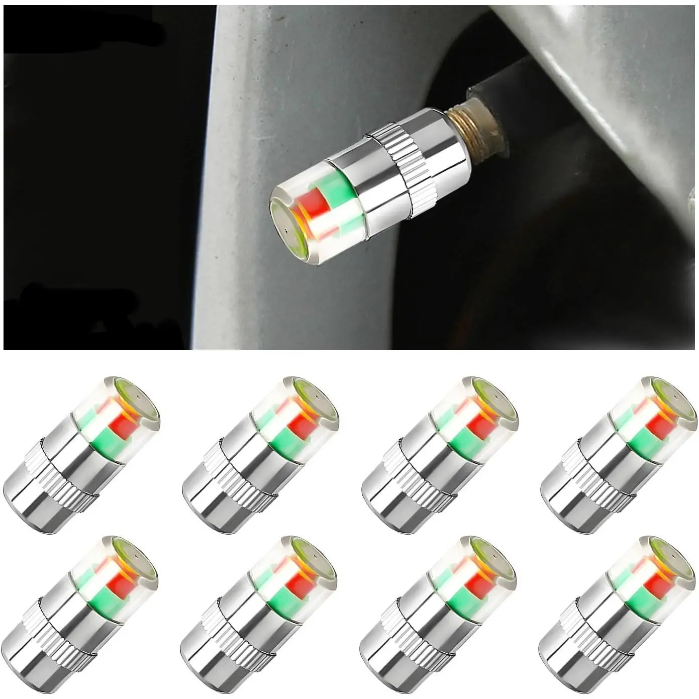 8 PCS Silver Tire Pressure Monitor Valve Stem Caps - 2.4Bar 36PSI Sensor Indicator with 3-Color Alarm Lights, Universal Sealing Leak Monitors for Car Tire Fit Vehicles (SUVs, Trucks)