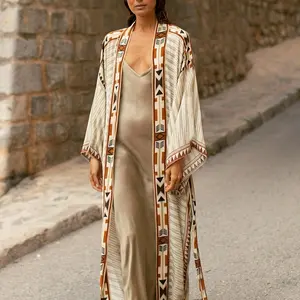 Women's Rayon Geometric Print Loose Beach Kimono,  Sun Protection Open Front Cardigan, Lightweight Bikini Swimsuit Cover Up for Vacation Resort Pool