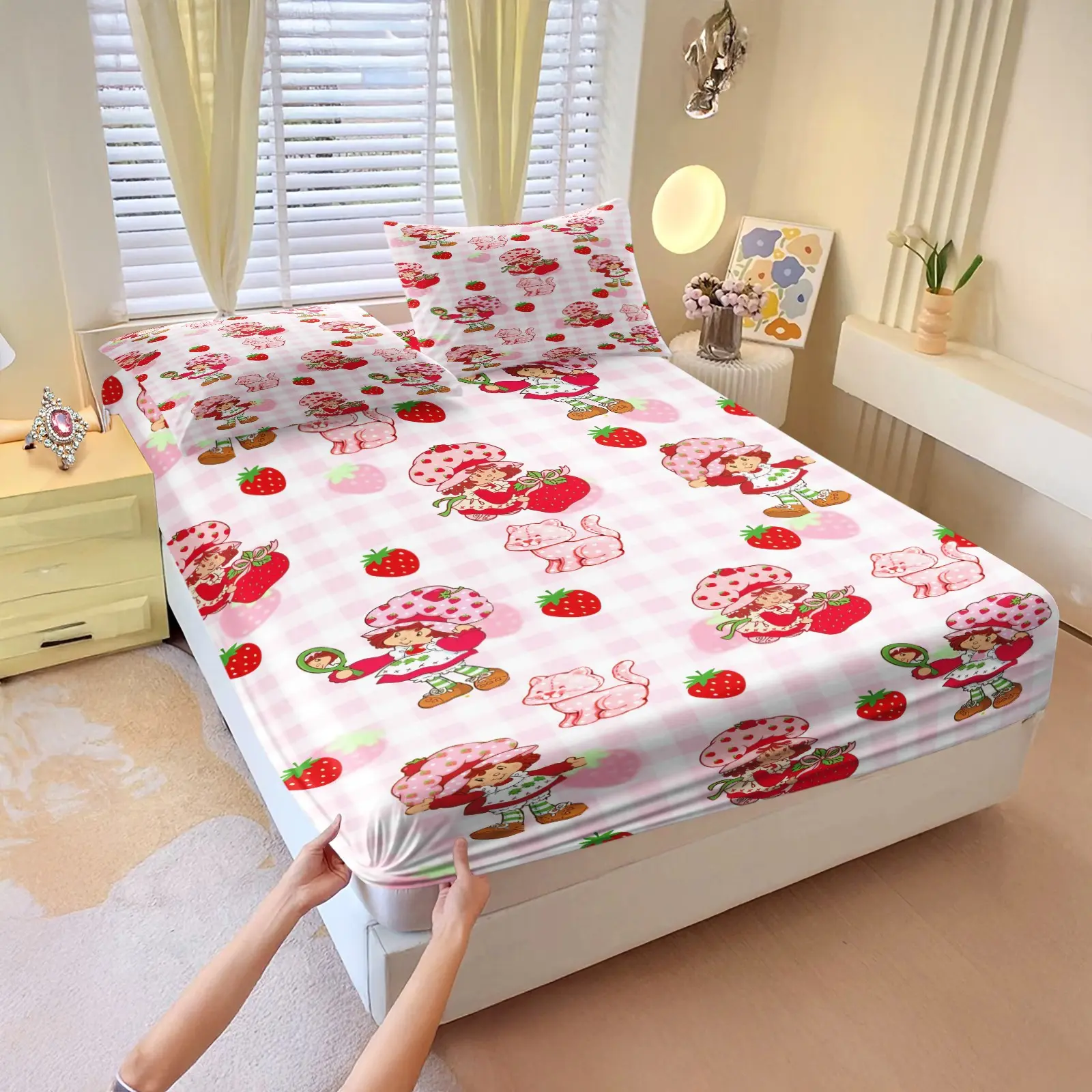 3‑Pcs Strawberry Shortcake Kids Fitted Sheet Set, Cute Cartoon Print Fitted Sheet Bedding Set, Soft Comfortable & Machine Washable, Elastic Deep Pocket, All‑Season for Kids Bedroom Home Decor (1 Fitted Sheet + 2 Pillowcases, Pillow Inserts Not Included)