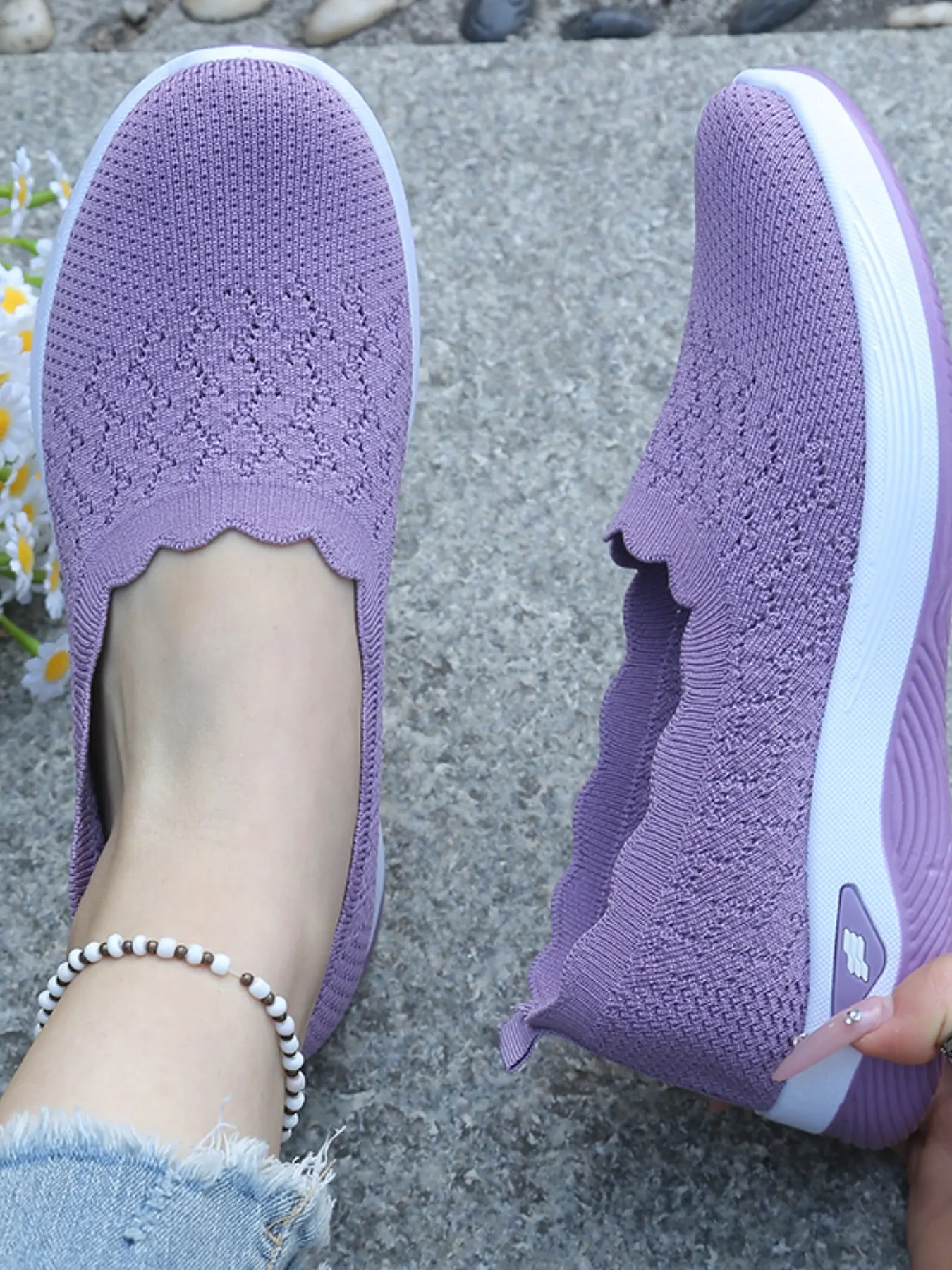 Spring Summer Hollow Out Wave Edge Lazy Women's Shoes, Slip-On Lightweight Soft Sole Walking Shoes, Breathable Mesh Middle-Aged Mom Casual Shoes