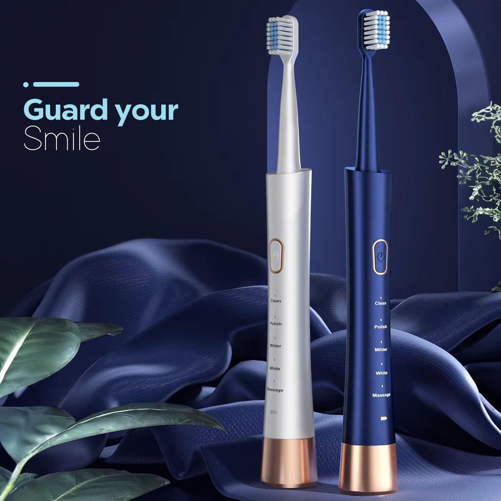 Portable Electric Toothbrush, 1 Box Rechargeable Sonic Teeth Cleaning Toothbrush with 8 Counts Replacement Brush Heads, Intelligent Timer Toothbrushes for Adults, Valentine's Day gift