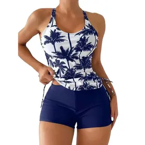 Women's Coconut Tree Print Tankini bikinis Set, Casual Sleeveless Tank Top Swim Top & Swim Shorts Swim Bottom, Tankini Swimsuits Women, summer Tankini With Shorts,Ladies Multicolor V-Neck floral Swimsuit for Beach Holiday Vacation,short bathing suit set