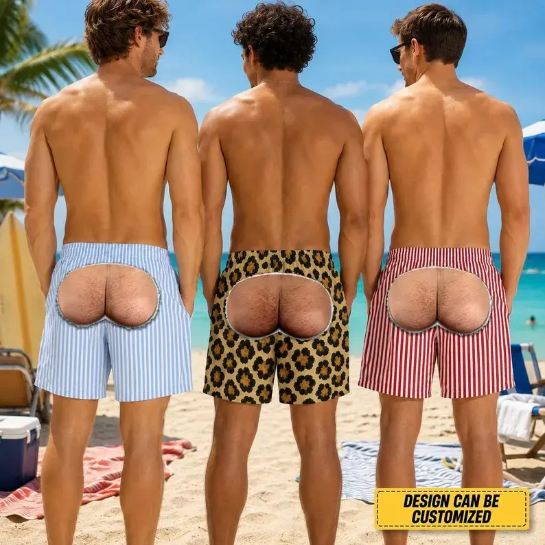 Personalized Funny Men’s Swim Trunks, Fake Butt Beach Shorts,Summer Vacation Travel Novelty Vacation Gift For Husband Or Boyfriend # BeachShorts # MenShorts