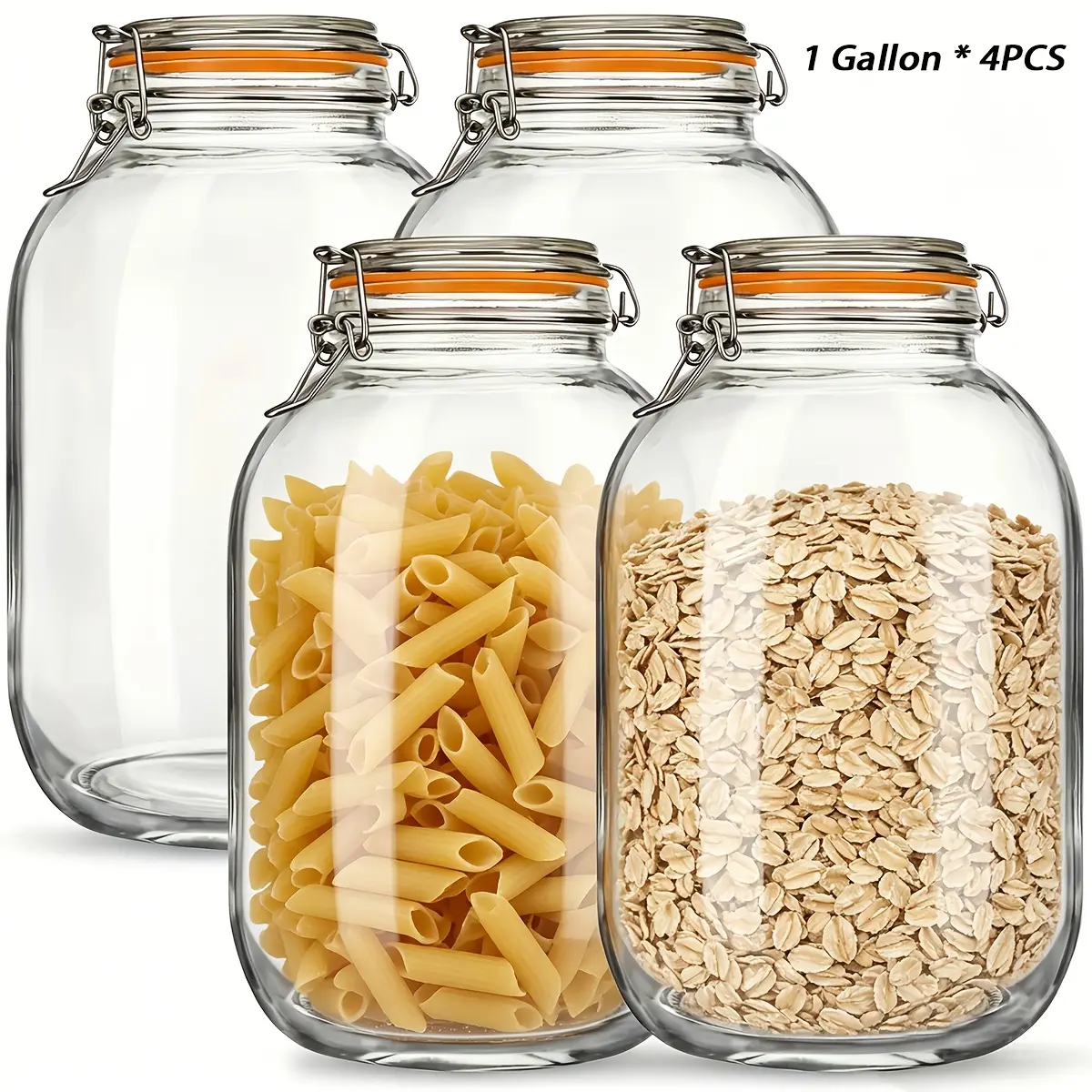 4 Pack 1 Gallon Wide Mouth Rectangular Glass Mason Jars with Hinged Sealing Lock Lids, Freezer Safe, Ideal for Fermenting, Canning, Pickling, Food Storage, Kitchen Organization & Food Preservation