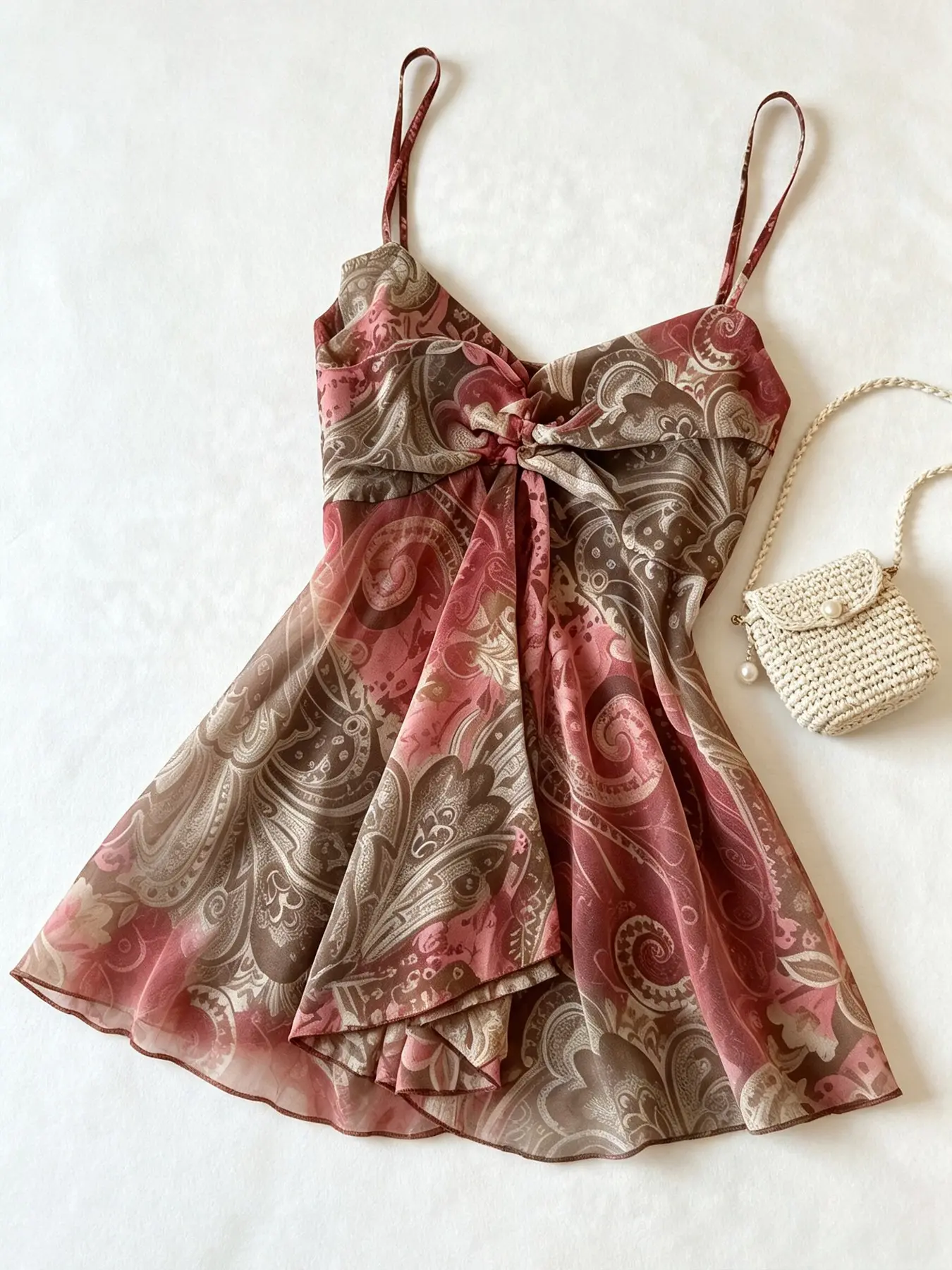 A women's fashionable purple brown retro printed slim spaghetti strap camisole dress, made of smooth and skin friendly fabric, suitable for commuting to work, shopping and outdoor wear, Vintage Summer Dress