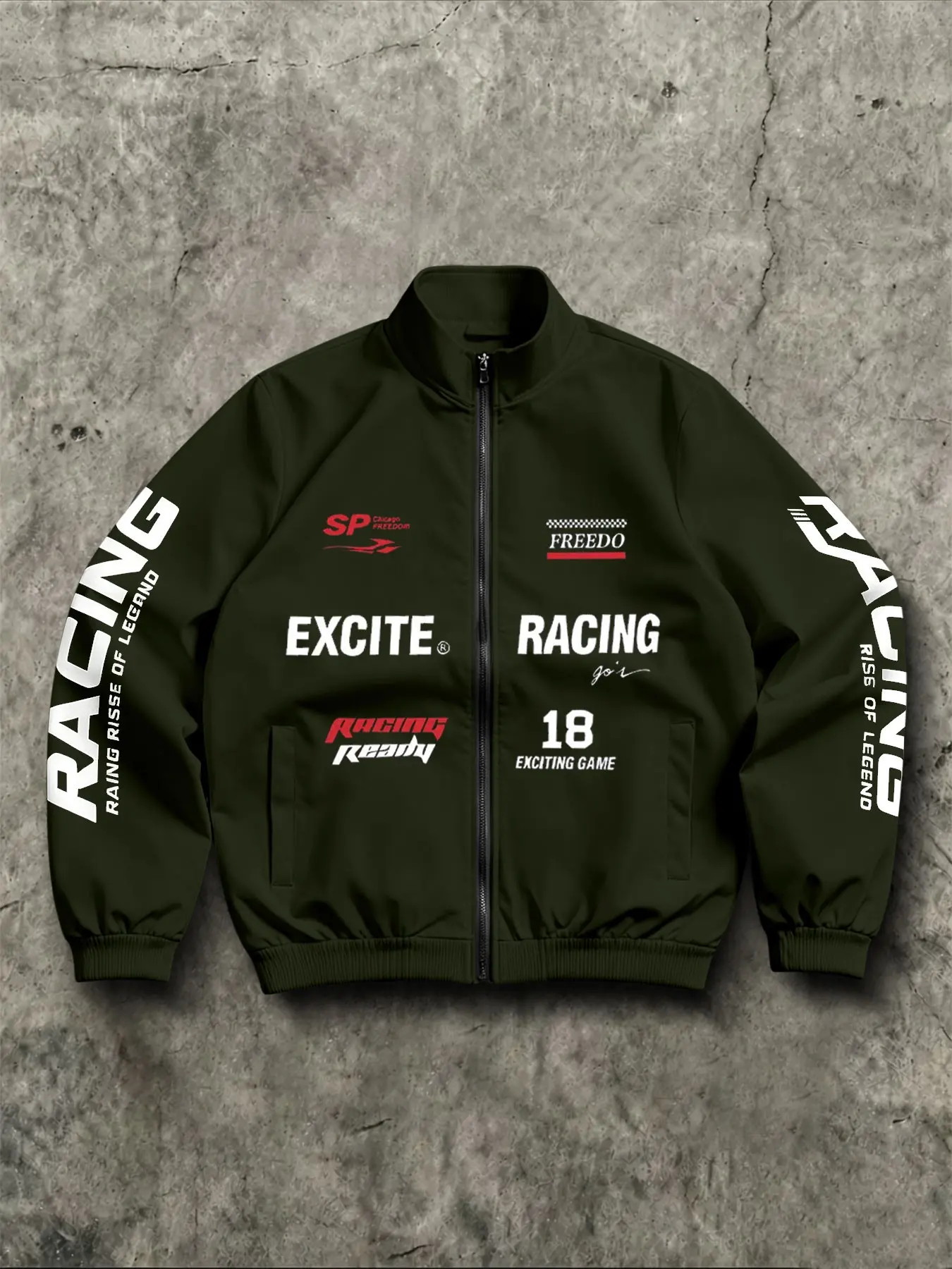 American Racing Style Stand Collar Zipper Jacket for Men, Trendy Multi-Logo Print Motorcycle Coat, Loose Retro Flight Outerwear