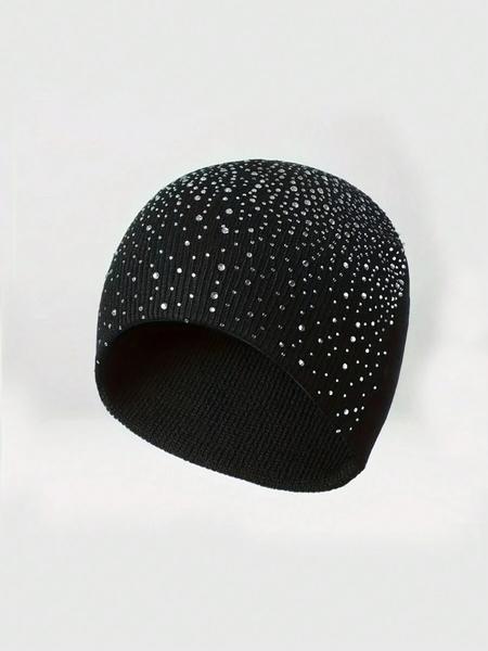 Starry Rhinestone Knitted Hat, Fitted Woven Acrylic Cap, Casual Elegant Street Style, Perfect for Autumn Winter Valentine's Day, Knit Hats