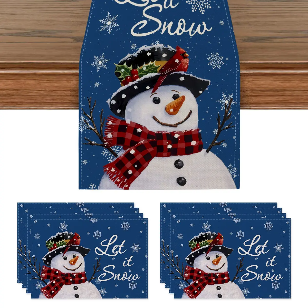 Christmas Table Runner and Placemat Set, Snowman Snowflake Design, Perfect for Thanksgiving, Kitchen, Dining Room, Indoor Outdoor Use