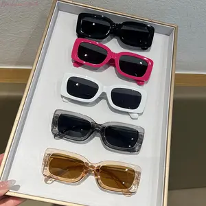 5-Pack Unisex Slim Small Rectangle Sunglasses with Solid Wide Temples, sleek compact frame trendy fashion eyewear, lightweight versatile daily shades for street outfit matching, casual parties and outdoor sightseeing trips.
