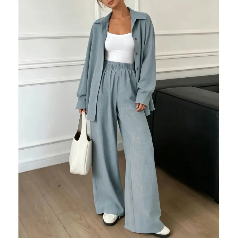 Female 2-Piece Casual Loungewear Set - Oversized Longsleeves Button-Down Shirt, Elastic High-Waist Wide Leg Linen Pants, Minimalist Sports Clothing