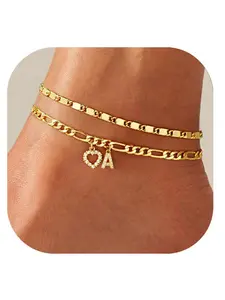Anklet for Women Gold Layered Anklet Set Initial Heart A-Z Letter Charm Anklet Adjustable Double Chain Anklet Personalized Jewelry Gift for Women Beach Summer Vacation Foot Jewelry Mothers Day Gift Ideas,summerwins DealsForYouDays
