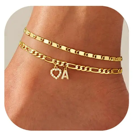 Gold-Tone Layered Anklet Set, Heart & Initial A-Z Letter Charm Anklet, Double Chain Anklet, Personalized Jewelry Gift for Women, Summer Foot Jewelry for Beach & Vacation, Gift Ideas, Barefoot, summerwins DealsForYouDays
