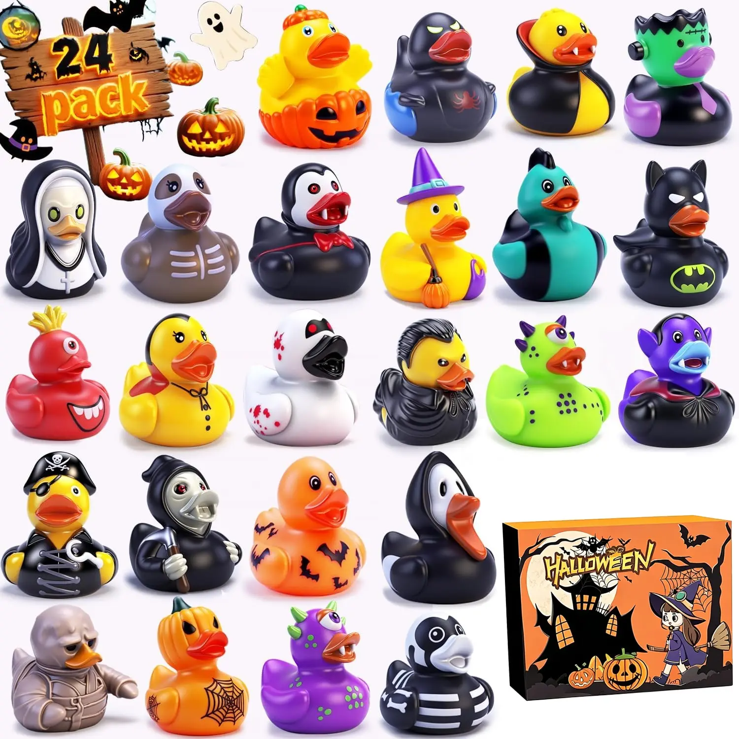 24 Pack Halloween Rubber Ducks in Bulk,stocking gifts,Rubber Ducks Jeep Ducking with Gift box - Halloween Assortment Duckies for Jeep Duck Halloween Themed Cruise Duck for Pool, Party Favors, Birthday Gifts, Classroom Incentives, Bath Gift