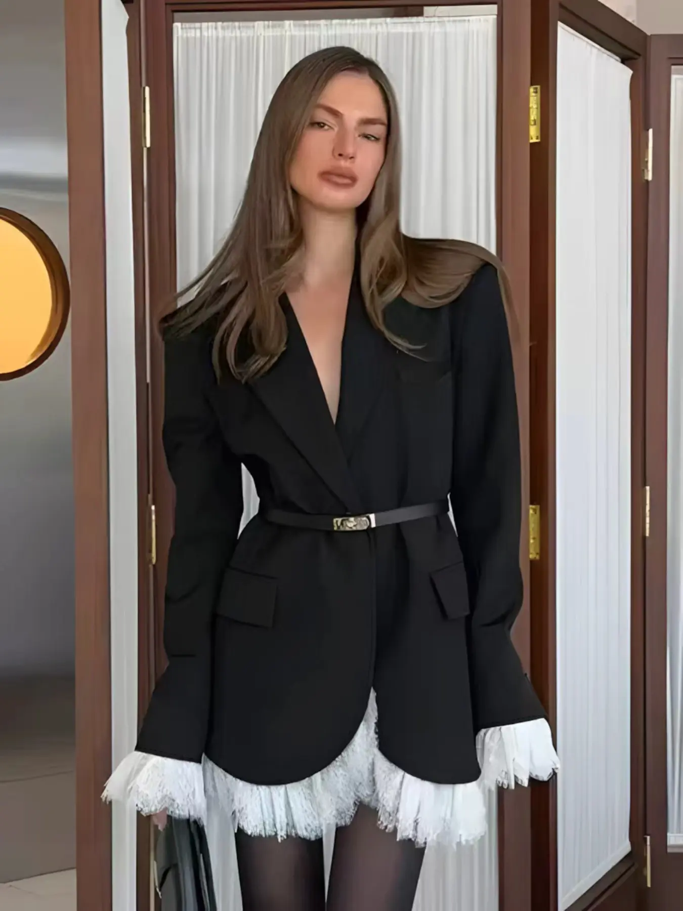 Elegant Formal Long Sleeve Suit Jacket with Belt, Spring & Fall Single Button Blazer, Slim-Fitting Plain Top, No Zipper, Full Placket Design