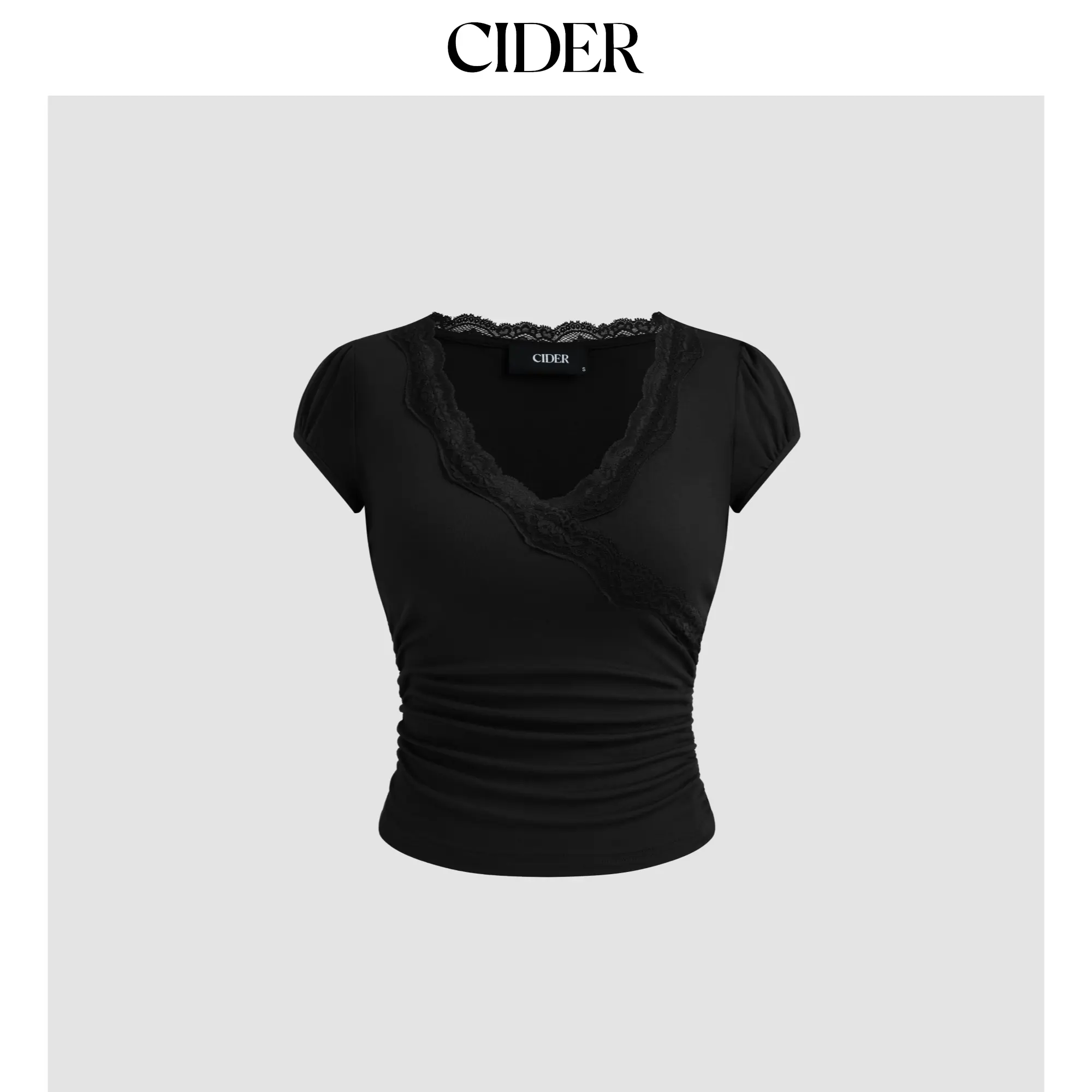 Cider [6 colors, size 2-10] V-neck Solid Lace Trim Ruched Short Sleeve Tee