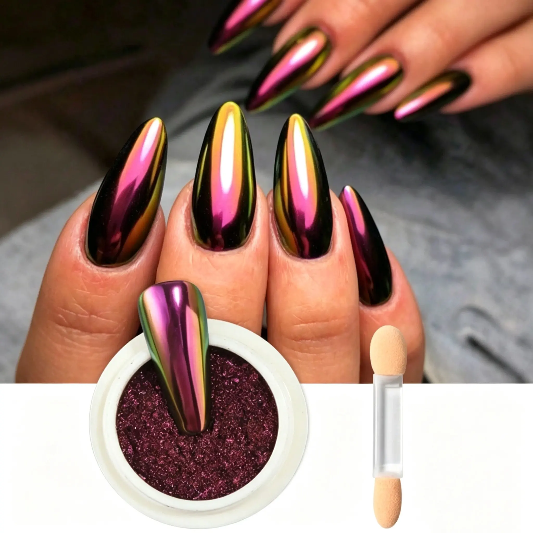 Purple Magic Mirror Powder Chameleon Polarized Nail Powder Flash High Brightness Holographic Chrome Nail Metal Effect Nail Decoration DIY, Equipped With Application Tools