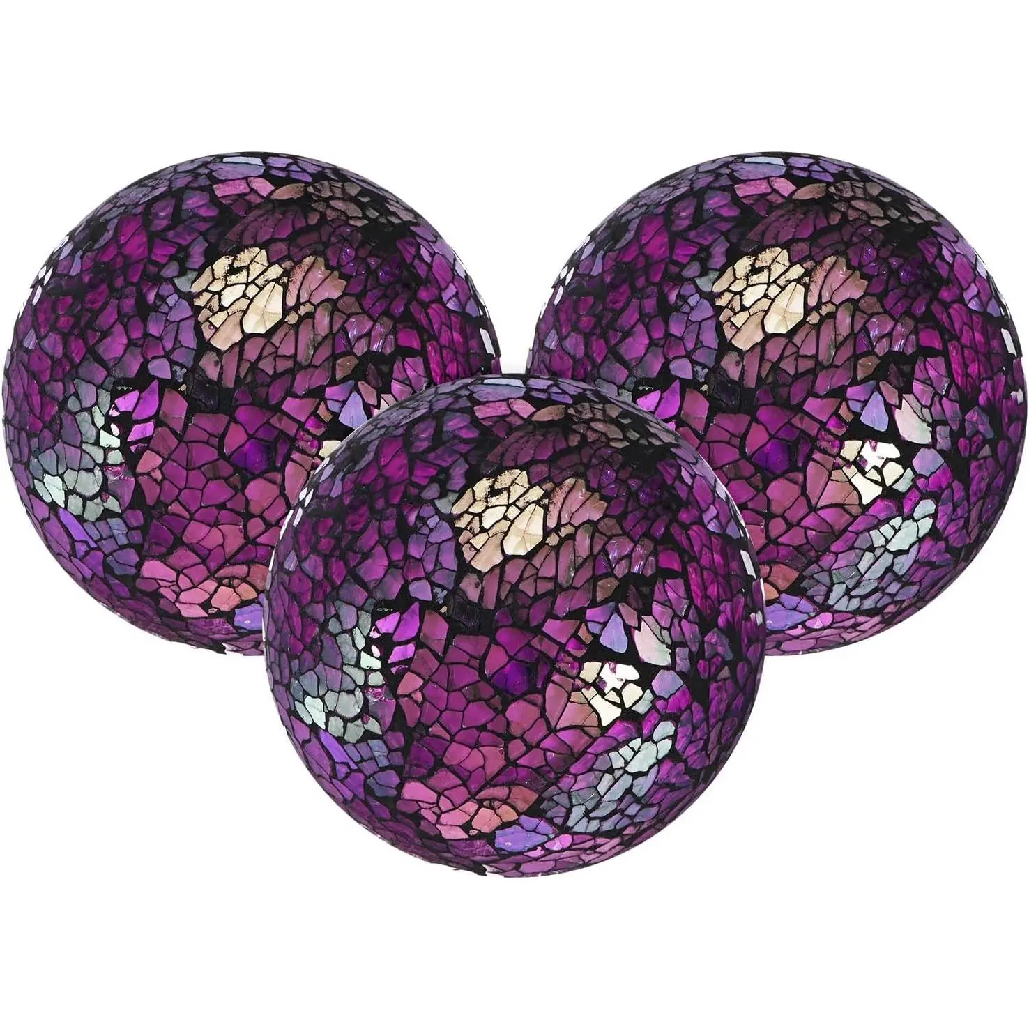 3-Pack 2.4 Inch Purple Mosaic Pattern Glass Decorative Balls with Glass Sequins, Odor-Free Foam - Reflective Light Centerpiece Decor for Bowls, Wedding Parties, Home Use, Centerpiece Table Decor