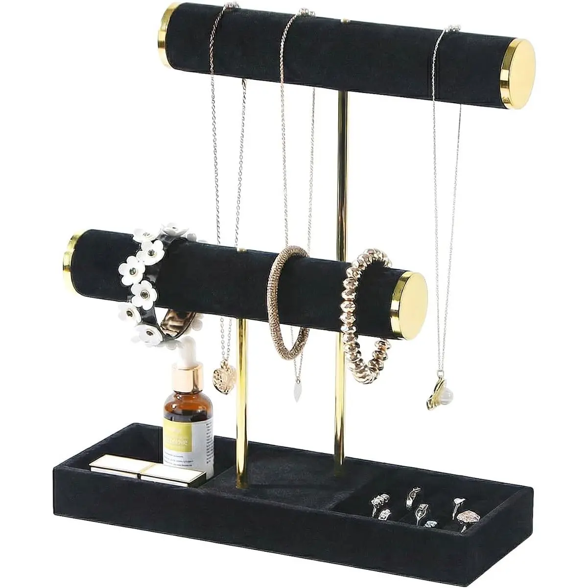 Bracelet Necklace Holder Display, T-Bar Jewelry Holder Stand, Jewelry Organizer with Tray for Necklaces, Bangles,Rings Earrings Watches (Black Velvet)