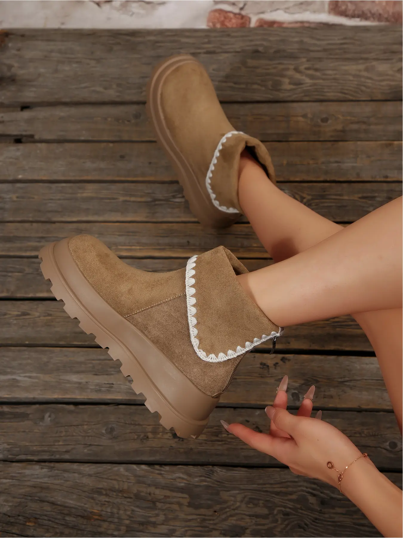 Multi Scene Cottagecore Fall Winter Ankle Boots Soft Matte Faux Suede Fold Over Scalloped White Lace Trim Rear Metal Side Zipper Round Toe Deep Tread Lug Chunky Platform Sole Women Daily Pull On Short Boots